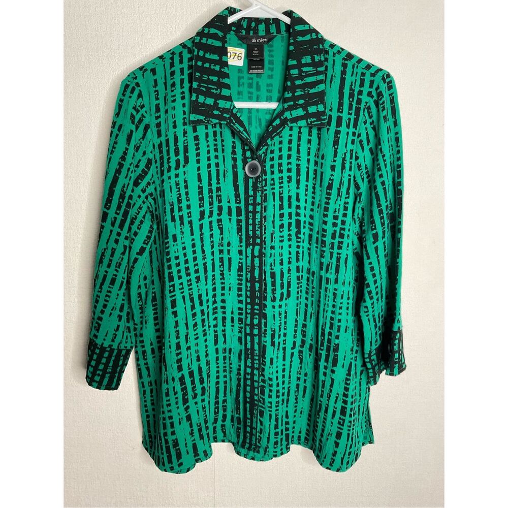 Ali Miles Blouse Womens M Green Striped Rayon 3/4 Sleeve Shirt Button Up Artsy
